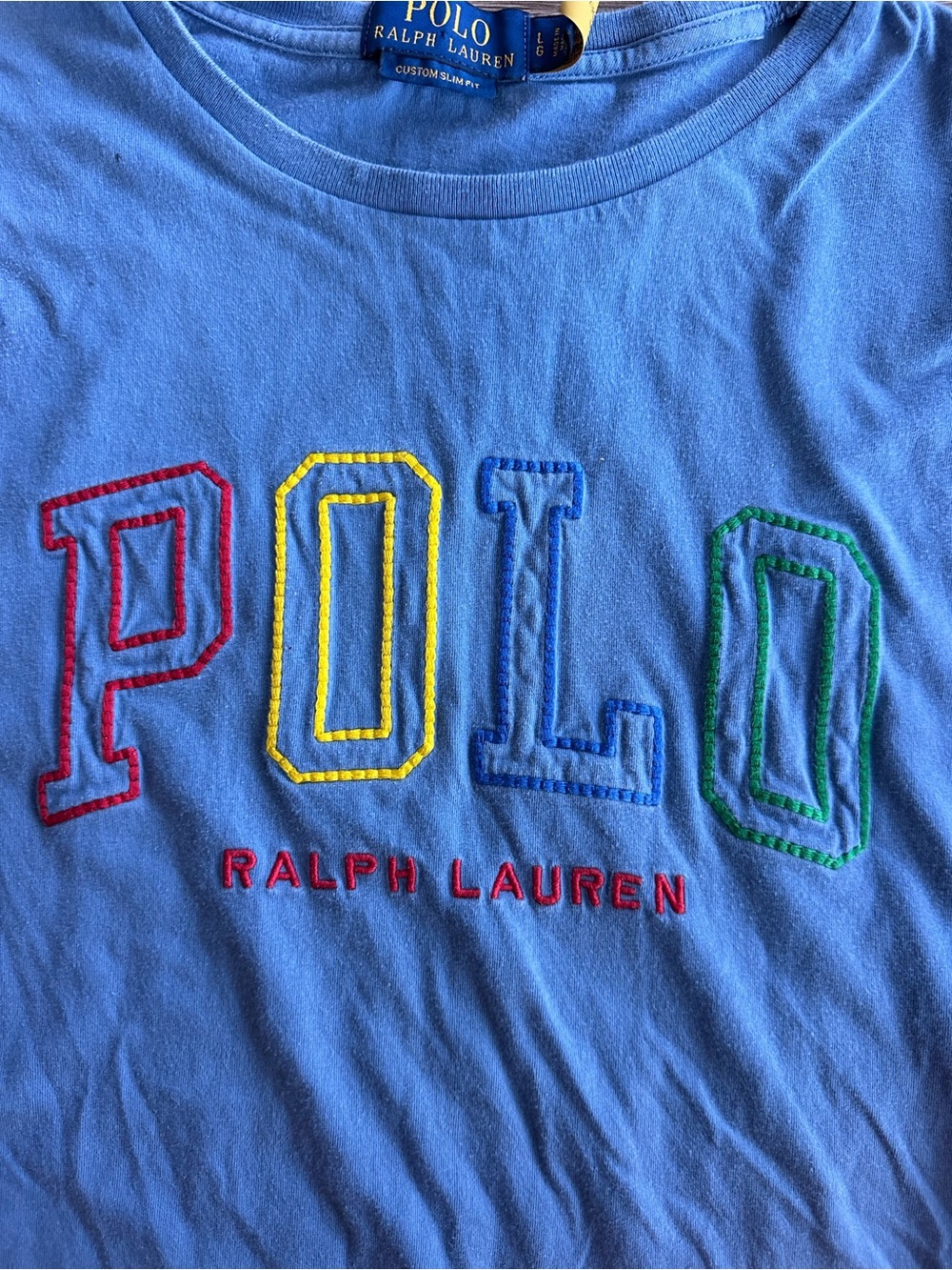 Ralph Lauren Blue Short Sleeve Tee with Multicolor POLO Embroidery